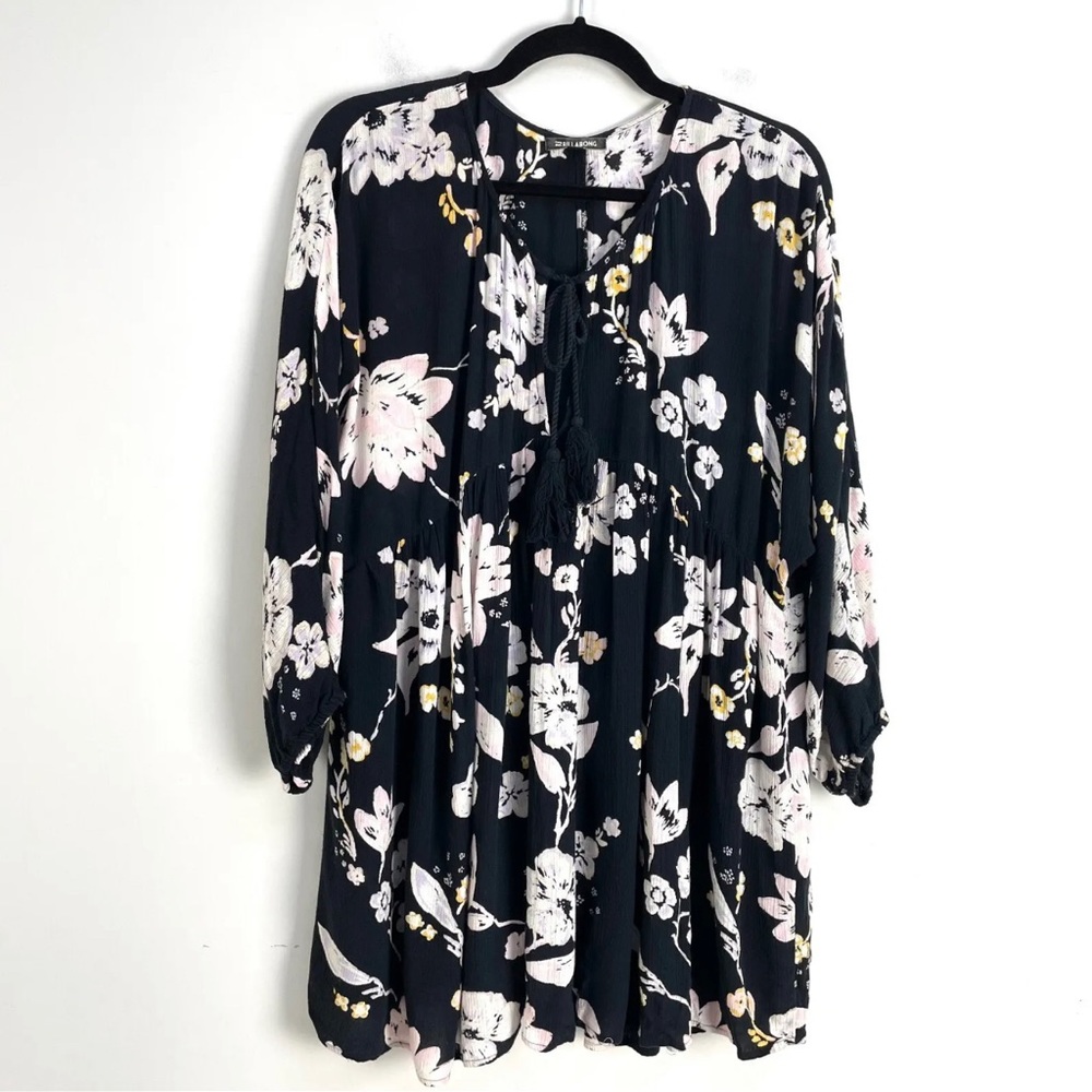 Billabong Womens Size Medium Blue Long Sleeve Floral Dress Tassel Tie